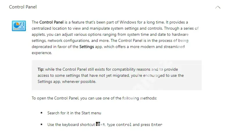 control panel vs settings mfrh original