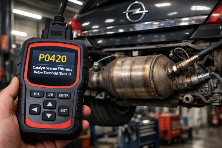 Cod eroare P0420 Opel afișat pe tester OBD2 cu catalizator și senzori lambda în fundal