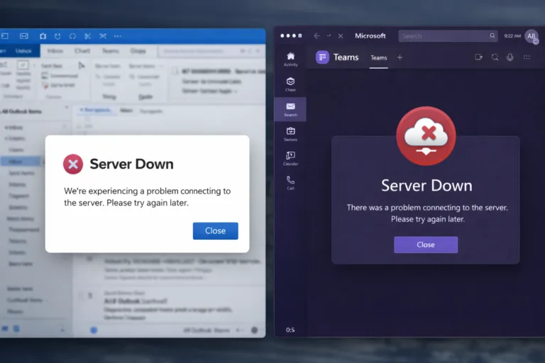 Prăbușirea Microsoft 365 ianuarie 2026   ecran eroare Outlook și Teams cu mesaj server down